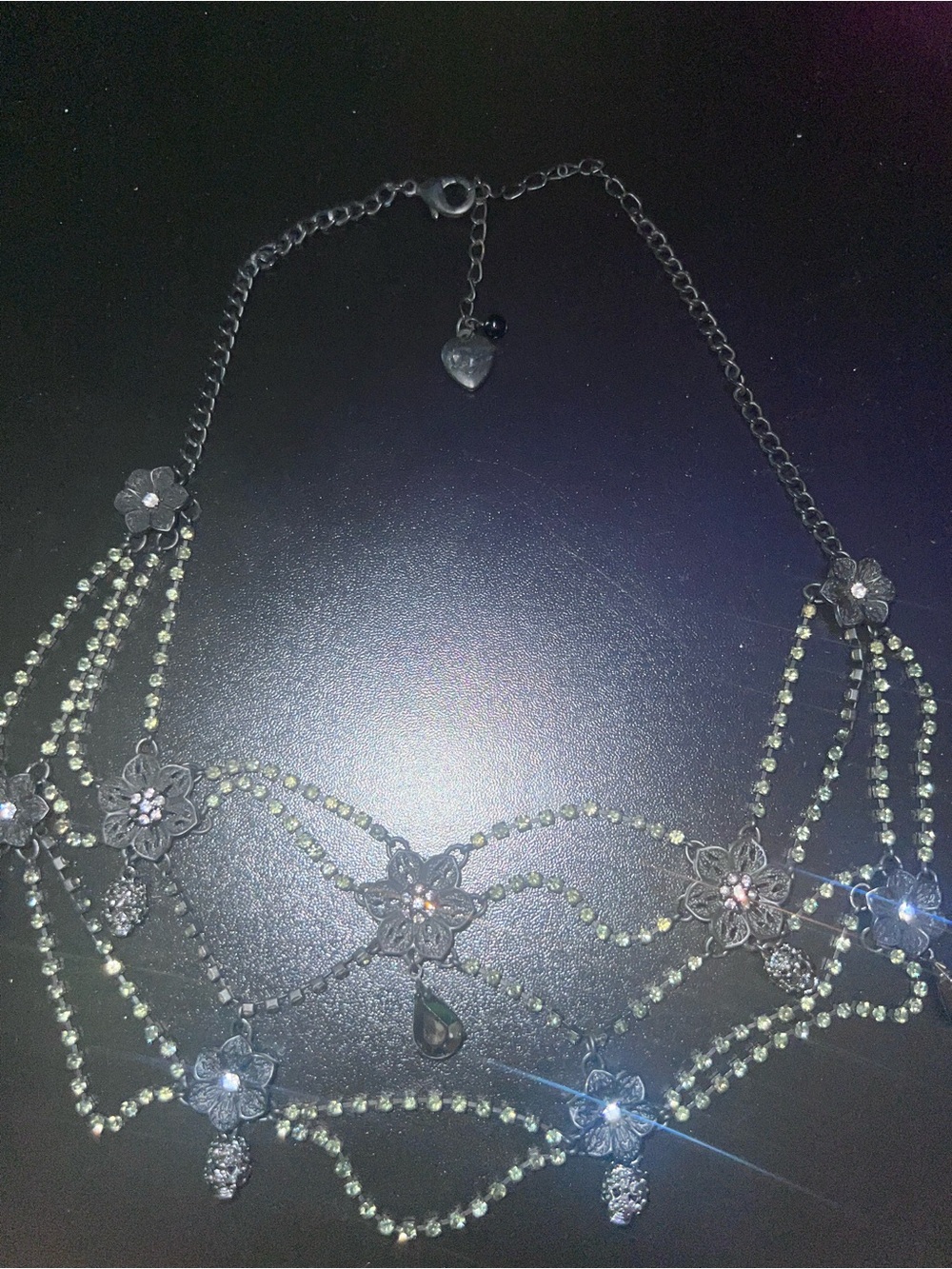Betsey Johnson vintage layered rhinestone skull flower necklace Good Condition